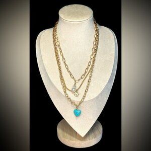 3 Layer Turquoise Heart Faux Pearl Coin Pendant Necklace Gold Tone New
